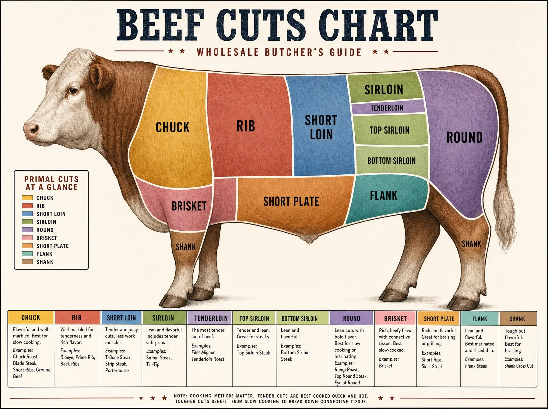 Beef cuts chart showing the chuck, rib, short loin, sirloin, tenderloin, top and bottom sirloin, round, brisket, short plate, flank and shank on a side profile of a steer