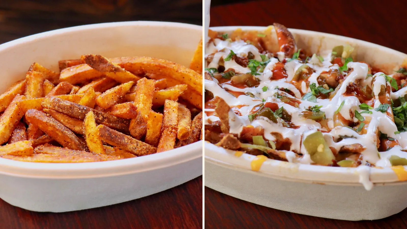 Hand-cut gluten-free fries on the left, the same fries loaded Southwest style on the right